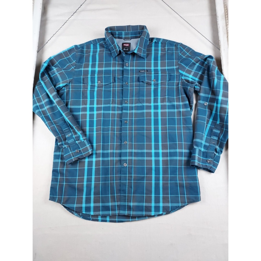 Wrangler Outdoor Shirt Mens Large Blue Plaid Long Sleeve Button Front Fishing